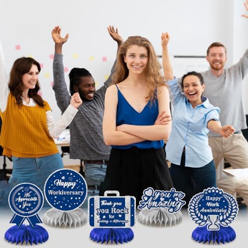 9Pcs Happy Work Anniversary Decorations Navy Blue Silver Happy Workiversary Table Honeycomb Centerpieces Office Anniversary Party Table Topper Decor for Employee Worker Appreciation Supplies - Image 6