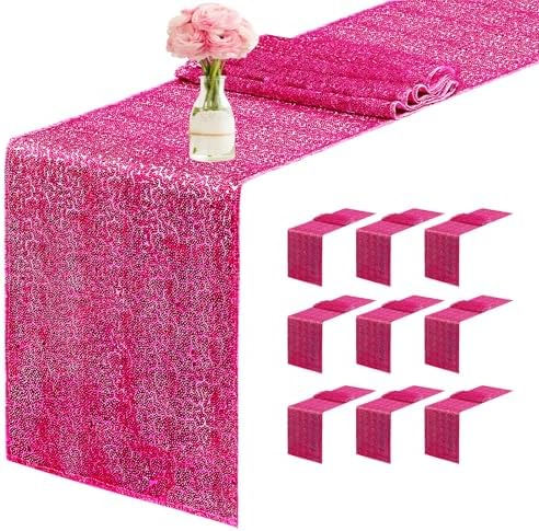 10 Packs 12 x 72 inches Sequin Table Runner, Hot Pink Glitter Table Runner for Birthday Party Supplies Wedding Engagement Baby Shower Holiday Celebration Event Decorations by Yblut