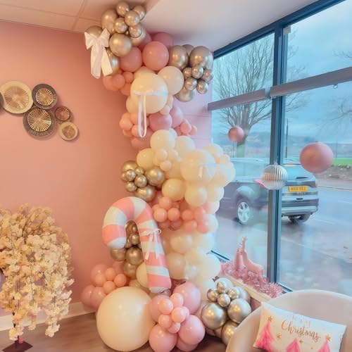 Pink Christmas Balloon Arch Kit, Pastel Baby Pink White Gold Christmas Balloons with Gingerbread Man Candy Cane Swirl Lollipop Foil Balloon for Xmas Birthday Baby Shower Party Decorations - Image 3
