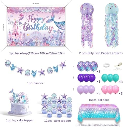 Mermaid Birthday Decorations For Women,Colorful Jellyfish Lanterns,Happy Birthday Backdrop,Banner Balloons,Table Cloth,Paper pom poms Party Supplies for Girls - Image 2