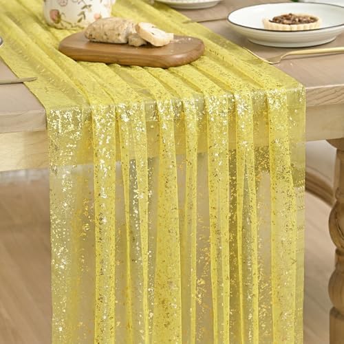 Artoid Mode Light Yellow Gold Gauze Table Runner 59x120 Inch 10FT, Glitter Metallic Foil Sheer Dining Wedding Anniversary Holiday Birthday Table Decor for Home Party by ArtoidMode