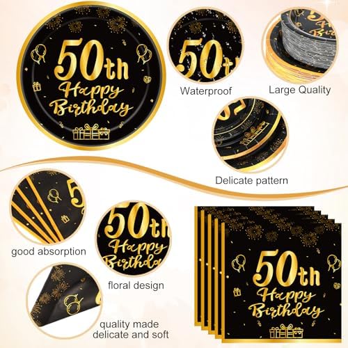 Funnymoom 452 Pcs 50th Birthday Party Decorations Set for Men Women, Black and Gold Happy 50th Birthday Paper Plates Napkins Cups Tablecloth Cutlery Straws for Cheers to 50 Years Anniversary Party - Image 3