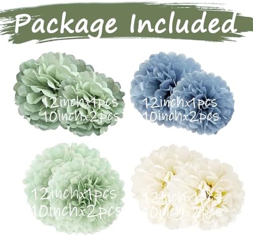 Tissue Paper Pom Poms Kit Paper Flowers 12pieces for Baby Shower Wedding Bridal Bachelorette Birthday Party Decorations (Dusty Blue + Pastel Sage Green) - Image 6