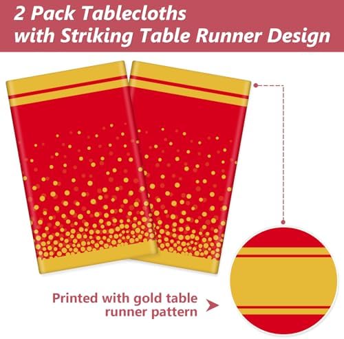LANLISA Red and Gold Tablecloth Graduation Decorations 2025 2 Pack, Disposable Plastic Table Cloths for Birthday Masquerade Retirement Party Decor - Image 4