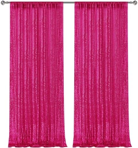2×8FT-2PCS Hot Pink Sequin Backdrop Curtains Panels, Fuchsia Photography Backdrop Glitter Curtains Fabric Background for Christmas Wedding Party Decor by Pufogu