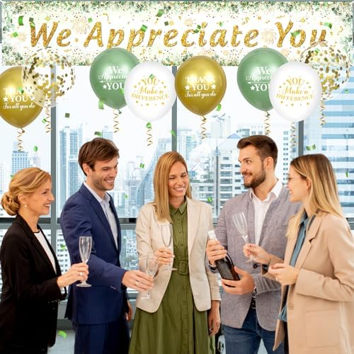 We Appreciate You Decorations Sage Green Appreciate You Banner Yard Sign with 18 Pcs Balloons Thank You for All You Do Banner Employee Staff Gifts Teacher Eucalyptus Leaves Appreciation Party Decor - Image 4