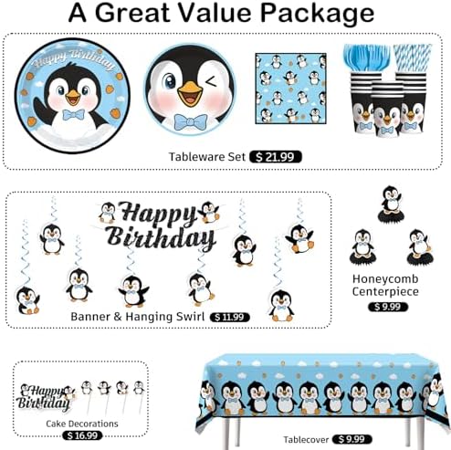 Xynic 179pcs Penguin Birthday Decorations Complete Tableware Set, 50 Guests - Image 3