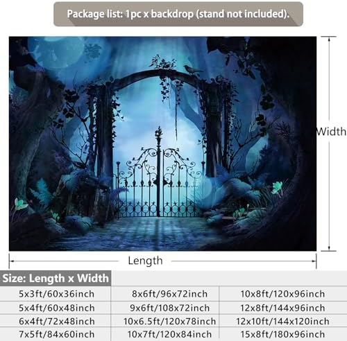 Mystical Forest Backdrop for Halloween Eve Party Dark Blue Moonlight Enchanted Woods Iron Gate Spooky Tree Foggy Night Photography Background Photo Booth Studio Props 15x8ft - Image 2