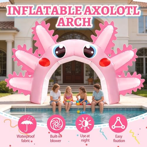 10x16FT Axolotl Inflatable Arch, Giant Pink Axolotl Birthday Party Backdrop Outdoor Yard Cartoon Archway Blow-Up Decoration with 1Blower 3Banners for Summer Beach Pool Party Supplies - Image 6