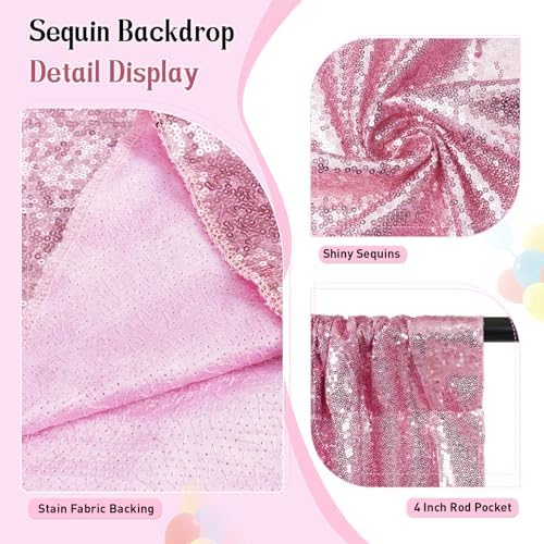 SquarePie 6x6ft Fuchsia Pink Sequin Backdrop, High Density Non-Transparent Glitter Curtain for Photography, Birthday, Wedding Party Decorations, Thick Solid Background with 4" Rod Pocket, 1 Panel - Image 2