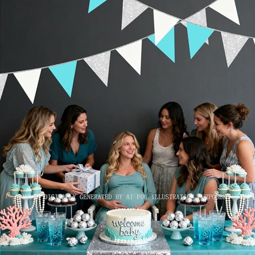 Teal Blue and Silver White Pennant Banner Flag Hanging Glitter Paper Triangle Bunting for Birthday Graduation Bridal Shower Wedding Shower Engagement Turquoise Aqua Party Decorations Supplies - Image 7