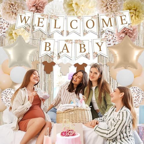 Champagne Baby Shower Decorations, Boho Beige Baby Shower Decor Set with Welcome Baby Banner,Tissue Pom Poms,Oh Baby Cake Topper,Nude Cream Gold Balloons| Neutral Baby Boy Girl Shower Party Supplies - Image 4