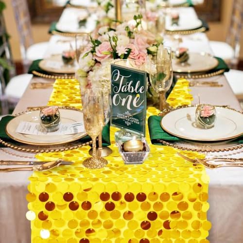 Pufogu 12 "x 108" Yellow Premium Big Payette Sequin Overlay Linens mesh Table Runner, Rectangle Glitter Table Runner for Wedding Party, Birthday Party, Banquet Decor (3 Pack). - Image 2