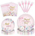 96 Pieces Mother’s Day Floral Tableware Set – Pink Scalloped Disposable Plates, Napkins and Forks for Mother’s Day Party, Brunch, Tea Party, and Spring Celebrations – Serves 24 Guests by GistomeHome