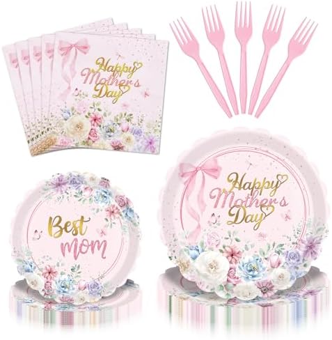 96 Pieces Mother’s Day Floral Tableware Set – Pink Scalloped Disposable Plates, Napkins and Forks for Mother’s Day Party, Brunch, Tea Party, and Spring Celebrations – Serves 24 Guests by GistomeHome