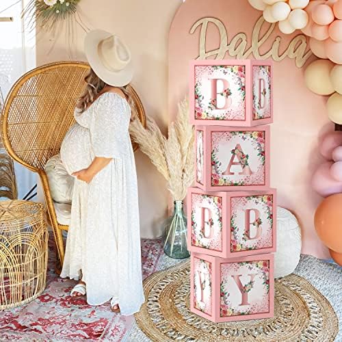 Floral Pink Baby Shower Boxes, 4 Pcs Baby Blocks with Letters - Image 4