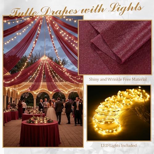 6 Panels Burgundy Ceiling Curtains with Lights for Weddings - 5ftx30ft Wrinkle-Free Tulle Fabric Wedding Arch Draping Ceiling Drapes Decorations for Wedding Party Ceremony Stage Tent Event - Image 3