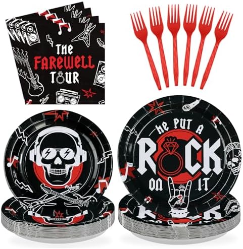 96Pcs Rock and Roll Party Decorations He Put A Rock On It Plates and Napkins Rock N Roll Tableware Sets for Boys Girls Bachelor Rockstar Guitar Music Theme Born to Rock Party Decorations Supplies by Greencian