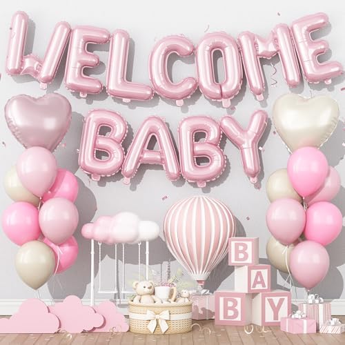 Pink Baby Shower Decorations for Girl, WELCOME BABY Girl Letter Foil Balloons Banner Backdrop with Retro Pastel Pink Cream Beige Latex & Heart Balloon for Princess Newborn Gender Reveal Party Decor by KYGNE