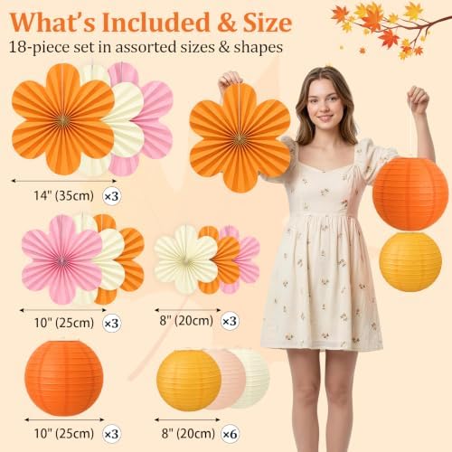 Sunset Party Decorations, 18Pcs Hanging Paper Lanterns & Flower Fans Set - Image 4