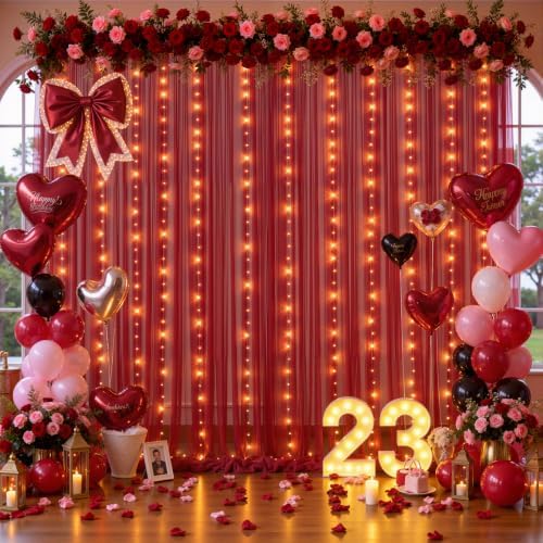 10x10ft Burgundy Tulle Backdrop Curtain with Lights String for Parites, Sheer Backdrop Curtains for Wedding Baby Shower Birthday Party Photo Shoot Decorations - Image 2