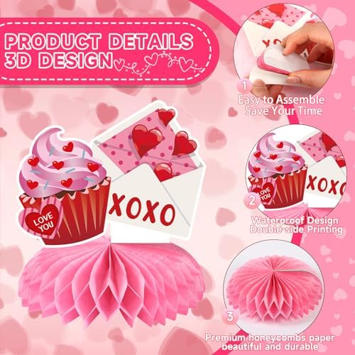 JULMELON 8Pcs Valentines Day Centerpiece for Table 3D Heart Honeycomb Decor - Image 3