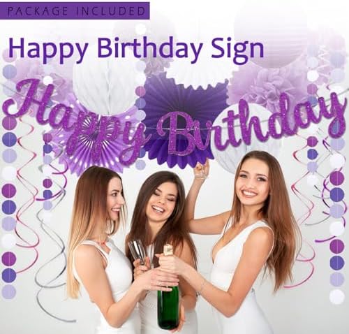 Purple Birthday Decorations for Women Girls,Happy Banner,Lilac Paper Lanterns Tissue Pom Poms Flower Fan,Purple White Balloon Décor For 40th 50th Anniversary Princess Backdrop Party Supplies - Image 2