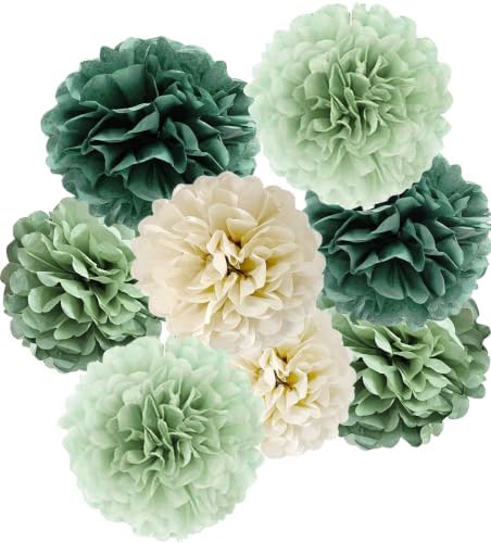 Sage Green Tissue Paper Flower Pom Poms Kit 12pieces for Wedding Bridal Shower Engagement Bachelorette Birthday Party Decorations (Boho Sage Green) by Bamonos