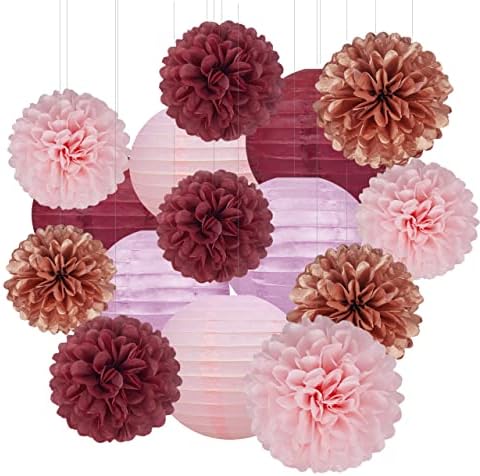 Rose-Gold Pink Burgundy Party Decorations - 15Pcs Tissue Pom Poms Paper Flowers Paper Lanterns Girl Birthday Baby Bridal Shower Bachelorette Engagement Wedding Mothers Day Valentines Galentines Decor by HongTongTong