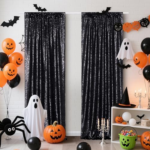 Poise3EHome Black Sequin Backdrop Curtains,4 Panels 2FTx8FT Glitter Background for Halloween Birthday Party Wedding Christmas Thanksgiving Holiday Festival Decor - Image 3