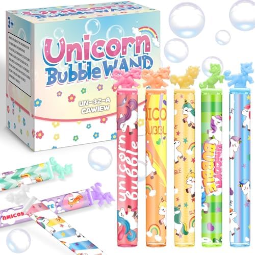 Unicorn Bubble Wand Bulk with Stickers, 32 Pack Birthday Party Favors Box by Cawiew