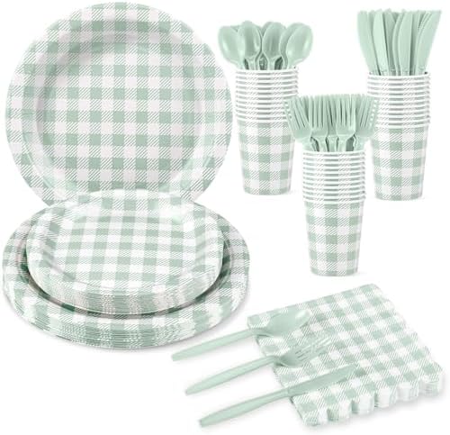 NatNarr Sage Green Gingham Party Supplies Set, 175 Pcs, Serves 25 by NatNarr