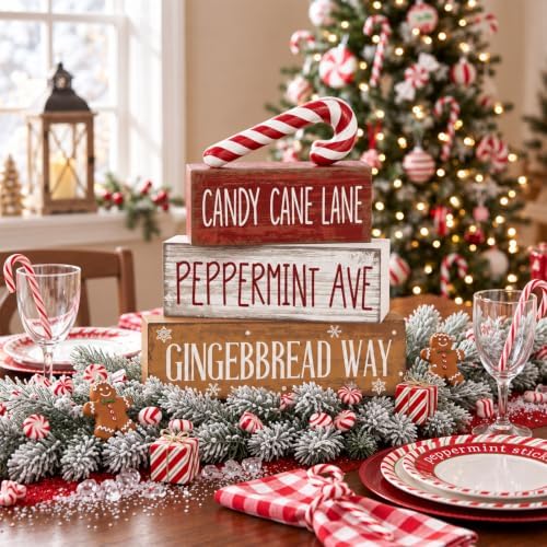 Moucuny 4 Pcs Christmas Table Decor Candy Cane Lane Sign, Wood Block Set - Image 5