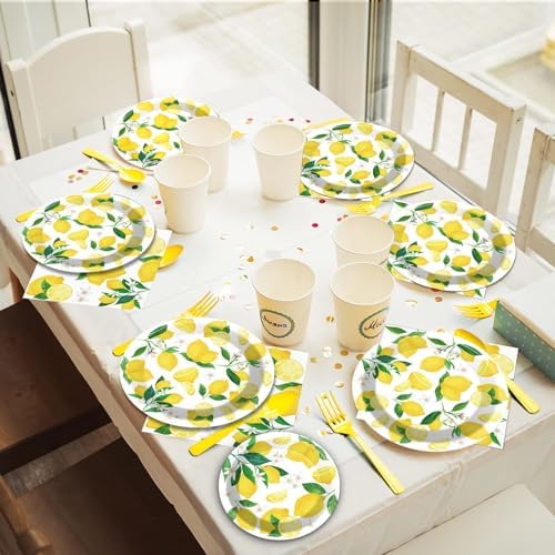 Wiooffen 96 Pcs Lemon Party Yellow Lemons Summer Party Decoration For Birthday Party Tableware Set Lemon Theme Party Paper Plate Napkin Fork 24 Guests - Image 6