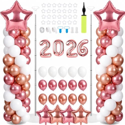 2 Sets Graduation Balloon Column Stand Kits with 132 PCS Rose Champagne Gold Latex Balloons 2026 Letters 6.5 Ft Adjustable Metal Tube Telescopic Tower Pillar with Base for Graduation Party Decoration by Unknown