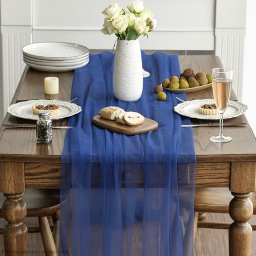 Artoid Mode 3PCS Navy Blue Gauze Table Runner 120 Inch 10FT, Seasonal Sheer Kitchen Dining Holiday Wedding Birthday Baby Shower Table Decor for Home Party - Image 3