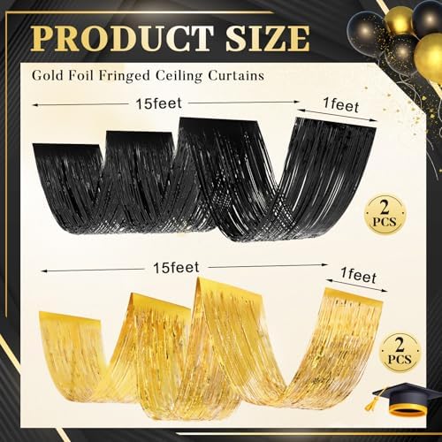 Breling 4 Pcs Black Gold Ceiling Fringe Curtains, Foil Drapes, 15 ft - Image 2