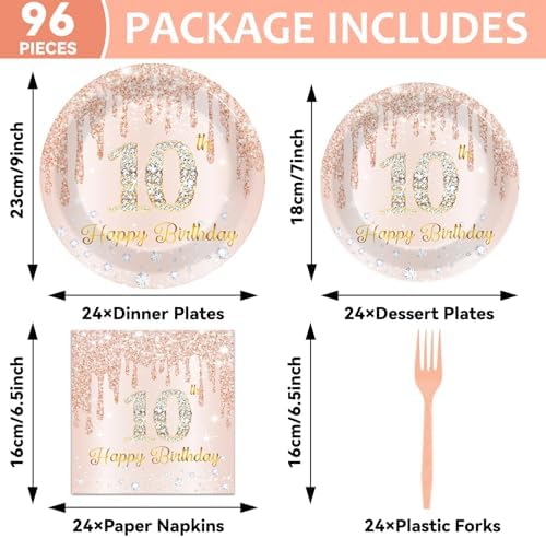 96 Pcs 10th Birthday Decoration for Girls Rose Gold 10th Birthday Plates and Napkins Party Supplies Rose Gold Pink Happy 10 Years Party Disposable Tableware Set for 24 Guests Party Decoration - Image 2