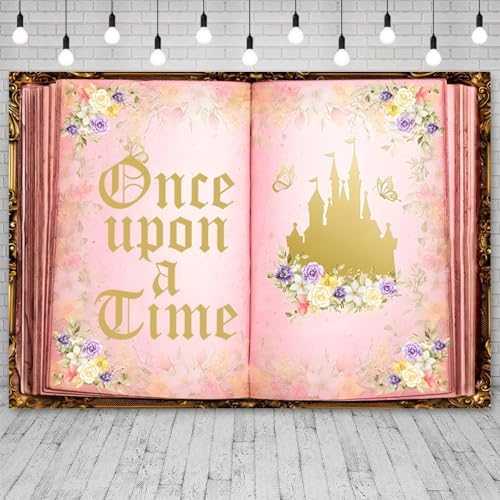8x4ft Once Upon a Time Backdrop Fairy Tale Book Castle Photography Background Pink Floral Butterfly Princess Birthday Baby Shower Wedding Party Decor Photo Booth Props for Girls Photoshoot - Image 3
