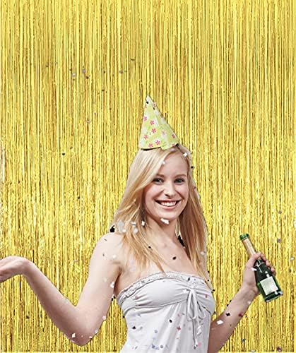 2 Pcs 3.2ft x 8.2ft Shiny Gold Metallic Tinsel Foil Fringe Curtains Photo Booth Backdrop for Birthday Wedding Holiday Celebration Bachelorette Party Decorations - Image 5