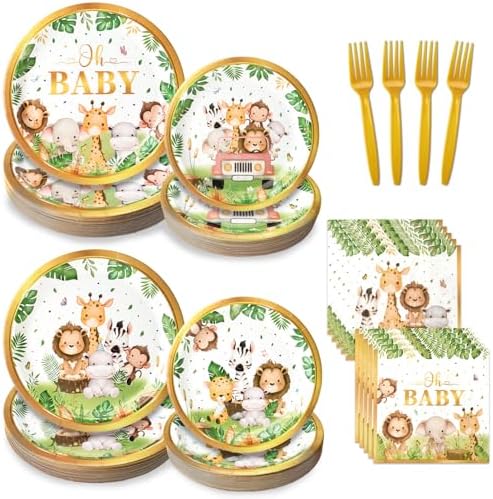 Kinovo 96 Pcs Safari Baby Shower Plates and Napkins Tableware Set (Serves 24), Plates Napkins and Forks Sets, Party Supplies, Jungle Safari Baby Shower Decorations by Kinovo