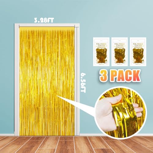 3 Pack 3.28ft x 6.56ft Gold Metallic Tinsel Foil Fringe Curtains, Photo Booth Backdrop Party Decorations for Birthday Wedding Baby Shower Graduation Bachelorette New Years - Image 2