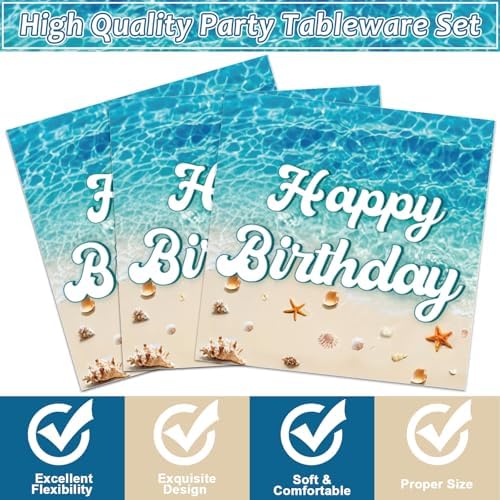 CHUNNIN 96Pcs Beach Happy Birthday Plates and Napkins Ocean Waves Ocean Seashell Party Decorations Beach Themed Party Dessert Plates Summer Pool Tableware for 24 Guests Hawaiian Supplies - Image 4