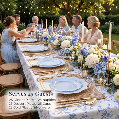 WDF 175Pcs Blue Plastic Plates - Heavy Duty Baby Blue Plates Disposable - 25Guests Plastic Dinnerware Ideal for Parties/Wedding/Baby Shower/Hanukkah - Image 2