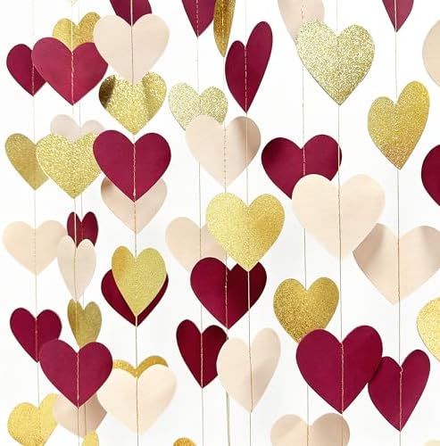 Maroon Gold Party Decorations Burgundy Beige Glitter Gold Paper Love Heart Hanging Banner Garland Streamer for Birthday Wedding Anniversary Engagement Valentines Day Graduation Garnet Party Supplies - Image 3