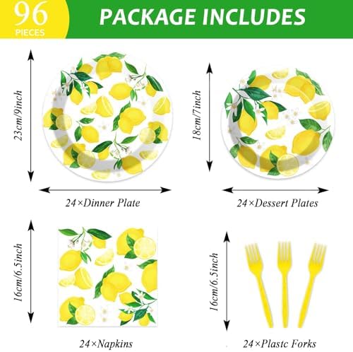 Wiooffen 96 Pcs Lemon Party Yellow Lemons Summer Party Decoration For Birthday Party Tableware Set Lemon Theme Party Paper Plate Napkin Fork 24 Guests - Image 2