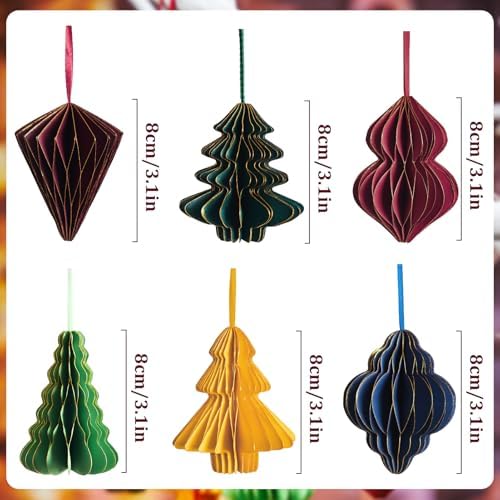 Paper Christmas Tree Ornaments, Red and Green Xmas Party Decorations, 6PCS 3D Mini Glitter Edges Paper Honeycomb Ornaments for Xmas, New Years, Holiday Home Decor - Image 2