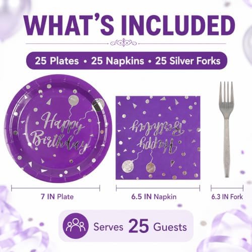 75PCS Happy Birthday Paper Plates and Napkins Set Purple&Sliver Plates - Image 2