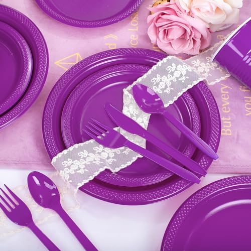 WELLIFE 210Pcs Purple Plastic Plates,Party Plates and Cups and Napkins Sets - Image 6
