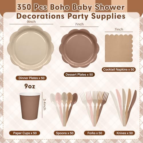350 Pcs Baby Shower Decoration - Neutral Gradient Brown Plates and Napkins Tableware Set Include Scalloped Paper Plate Napkin Cup & Cutlery for Baby Shower, Wedding, Birthday, Espresso Martini Theme - Image 2